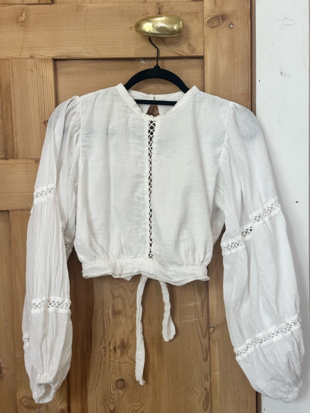 Jen's Pirate Booty White Lace-Trim Peasant Tie Crop Blouse - Picture 2 of 10